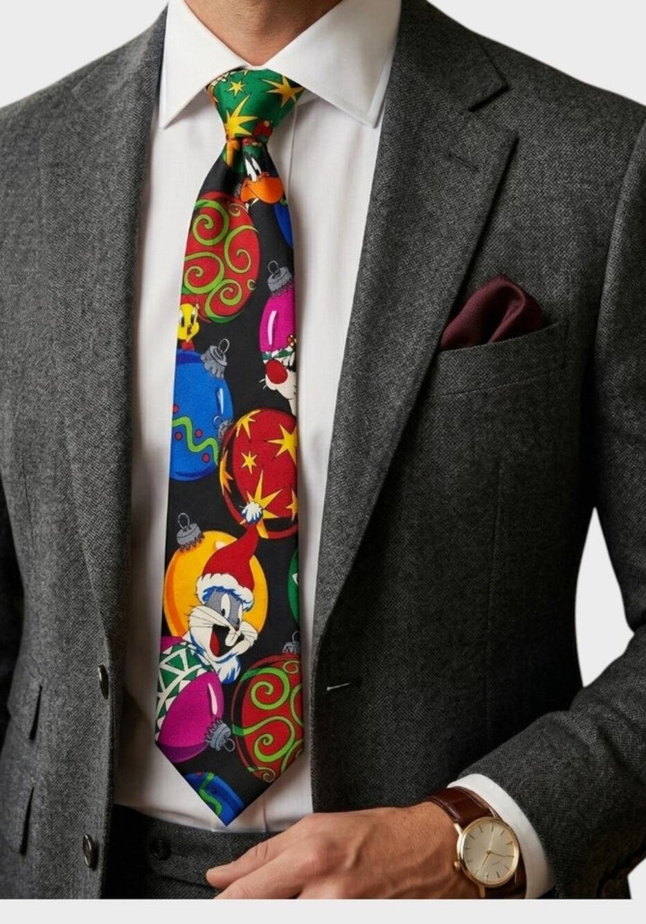 Looney Tunes Mania Holiday Christmas Hand Made 100% Silk Mens Neck Tie